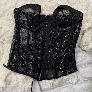Sheer Bustier Corset Top L Lace Up Rhinestone Shimmery Lingerie Boned Push Up